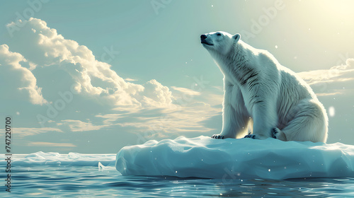 A polar bear sits atop an ice floe in a blue, cloud-filled sky. The sun shines brightly on the water below. photo