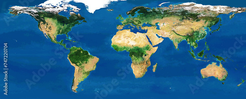 High resolution satellite image of Earth. Panoramic planet map with texture surface. World map, Earth flat view on white background or Detailed global world physical map illustration. photo
