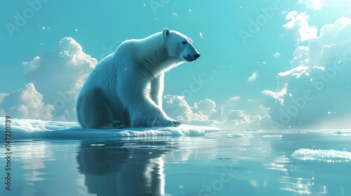 A polar bear sits atop an ice floe in a blue  cloud-filled sky. The sun shines brightly on the water below.