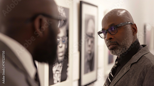 Two men in sharp tailored suits and statement glasses discussing a photography display featuring captivating portraits of various artists.