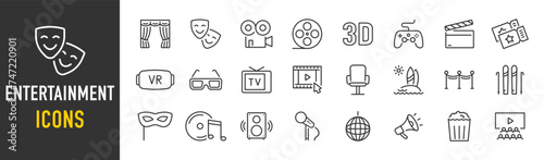 Entertainment web icons in line style. Theatre, cinema, surfing, music, party, VR, TV. Vector illustration.