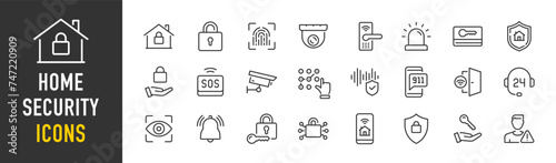 Home security web icons in line style. Alarm system, insurance, lock, key card, security camera, home protection.Vector illustration.