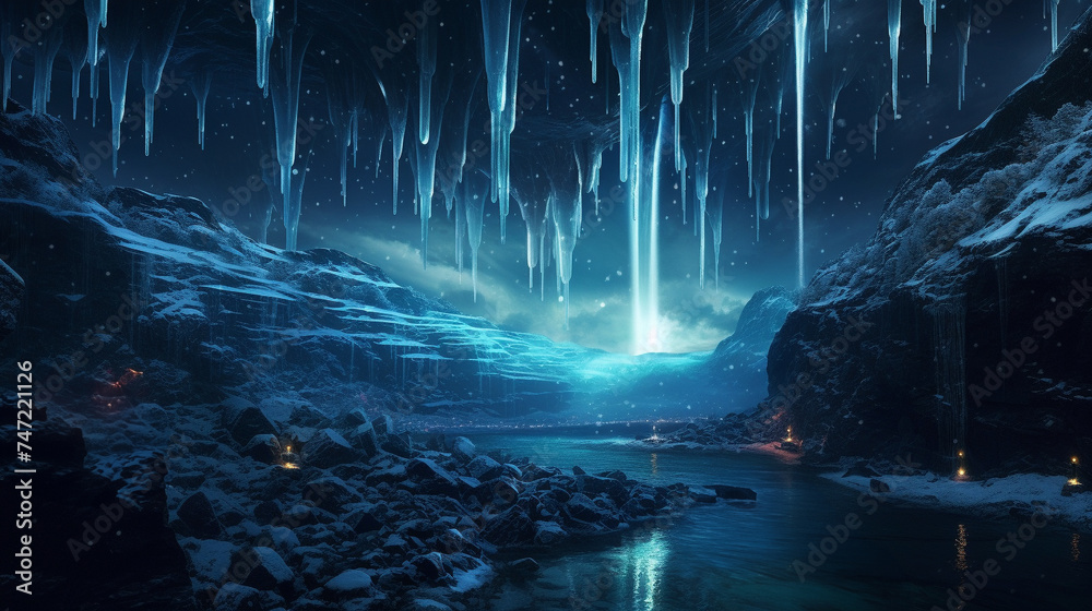 Futuristic explorers discover a frozen waterfall, illuminated by bioluminescent drones under a starry sky