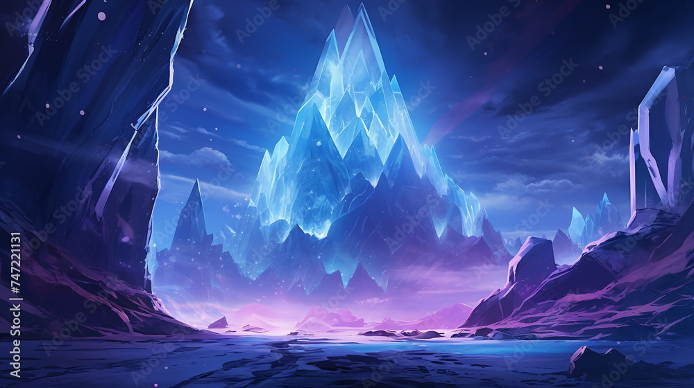 Futuristic ice climbers ascend a colossal, glowing arrowhead-shaped iceberg, under aurora-filled skies
