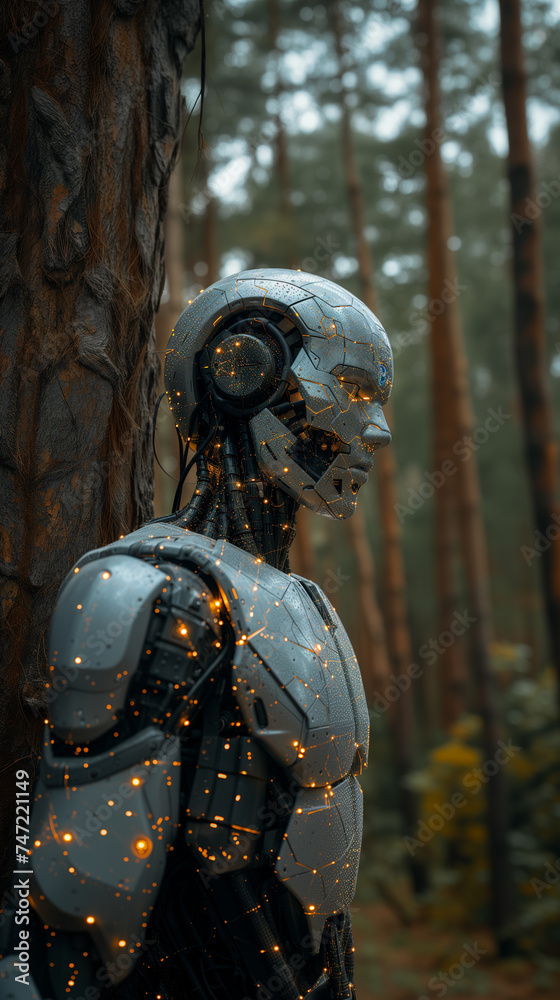 A robot stands next to a tree in a dense forest setting, showcasing the contrast between man-made technology and natural surroundings A robot stands next to a tree in a dense forest setting, showcasing the contrast between man-made technology and natural surroundings