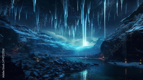 Futuristic explorers discover a frozen waterfall, illuminated by bioluminescent drones under a starry sky