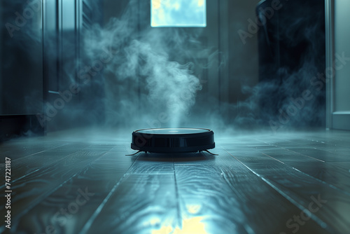 Smoke billowing out from the floor of a room, creating a mysterious and potentially dangerous atmosphere, vacuum robot cleaning the dust on the floor