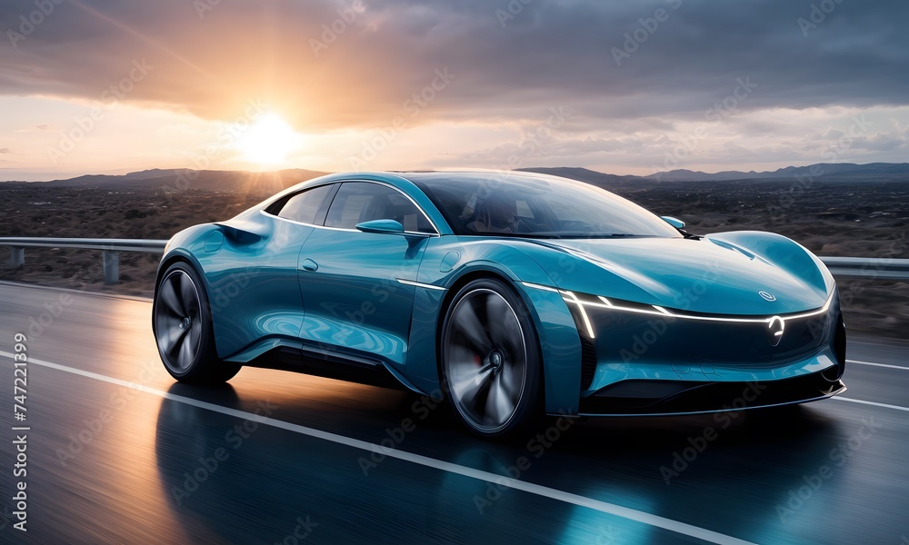 The image captures a teal electric coupe cruising against a dramatic sunset backdrop, highlighting the car's sleek form and sustainable power. The serene scene emphasizes the vehicle's harmonious