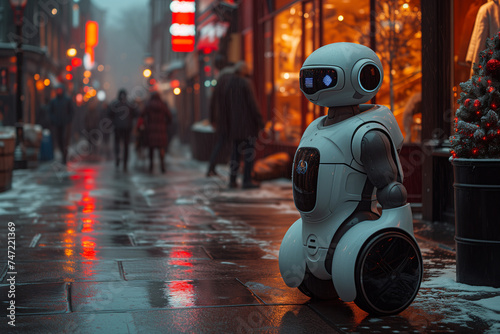 A white modern robot sits on a sidewalk in the rain, cleaning streets from garbage, modern vacuum robot cleans streets © alenagurenchuk