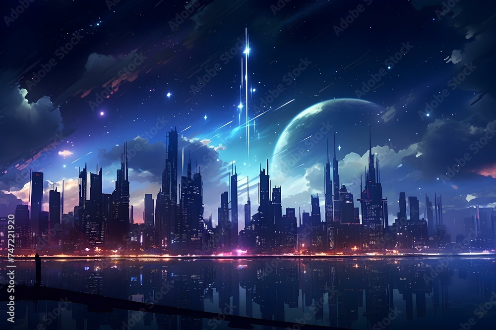 A futuristic cityscape with sleek skyscrapers illuminated by neon lights against a starry night sky.