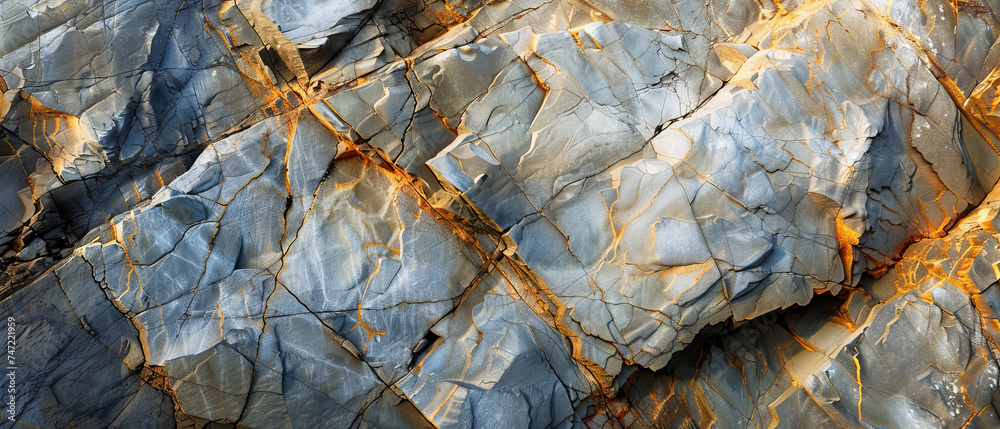 An impressive blue-hued rocky landscape bathed in golden light, emphasizing its complex texture and patterns
