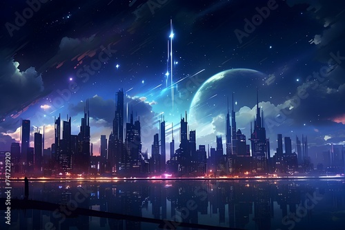 A futuristic cityscape with sleek skyscrapers illuminated by neon lights against a starry night sky.