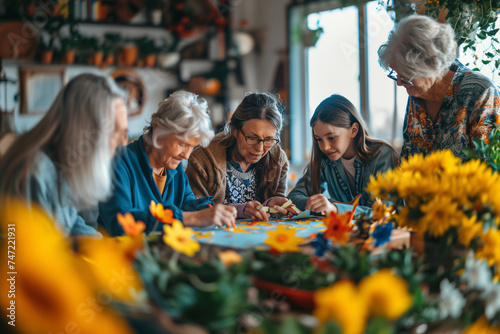 a group of elderly women are sitting around a table with flowers