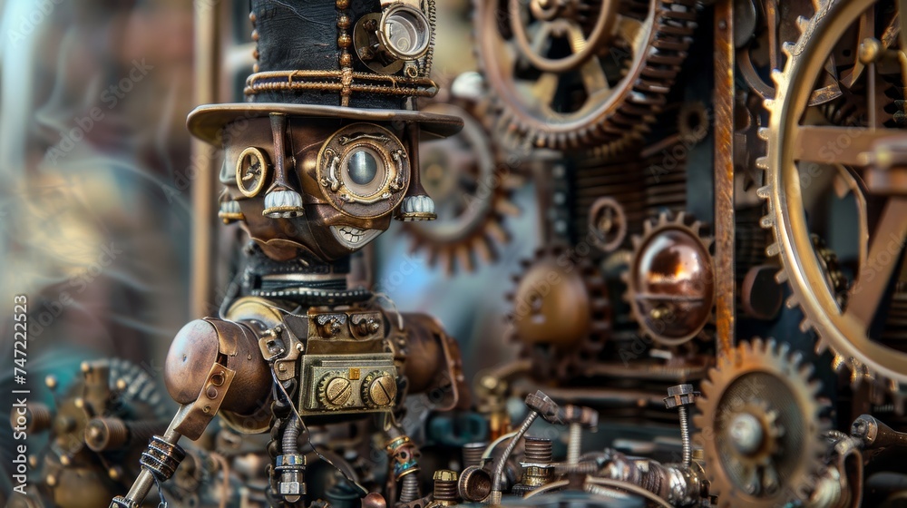 This image features a detailed steampunk robot sculpture, adorned with intricate gears and mechanical parts, showcasing the creativity of retrofuturistic art. This image features a detailed steampunk robot sculpture, adorned with intricate gears and mechanical parts, showcasing the creativity of retrofuturistic art.
