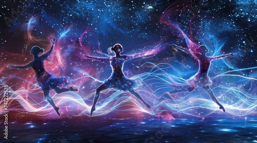 A captivating digital art piece featuring ballet dancers composed of stardust, their movements leaving vibrant trails against a starry cosmic backdrop.