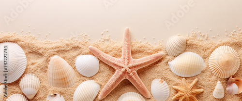 sea shells and starfish on sand, banner with copy space © Olga