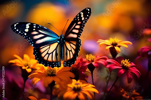 A macro shot of a butterfly resting on a colorful array of wildflowers. © PZ Studio