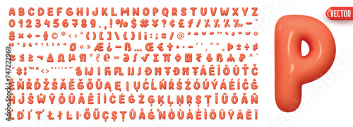 Fonts Complete set alphabetic letters and symbols and signs, numbers. Big collection of creative Font realistic 3d design plastic balloons style. Language support French, German. Vector illustration