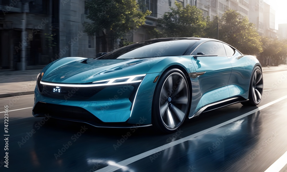 A state-of-the-art electric concept car speeds along a city avenue, its sleek design capturing the essence of modern automotive innovation. The car's dynamic presence on the road symbolizes the
