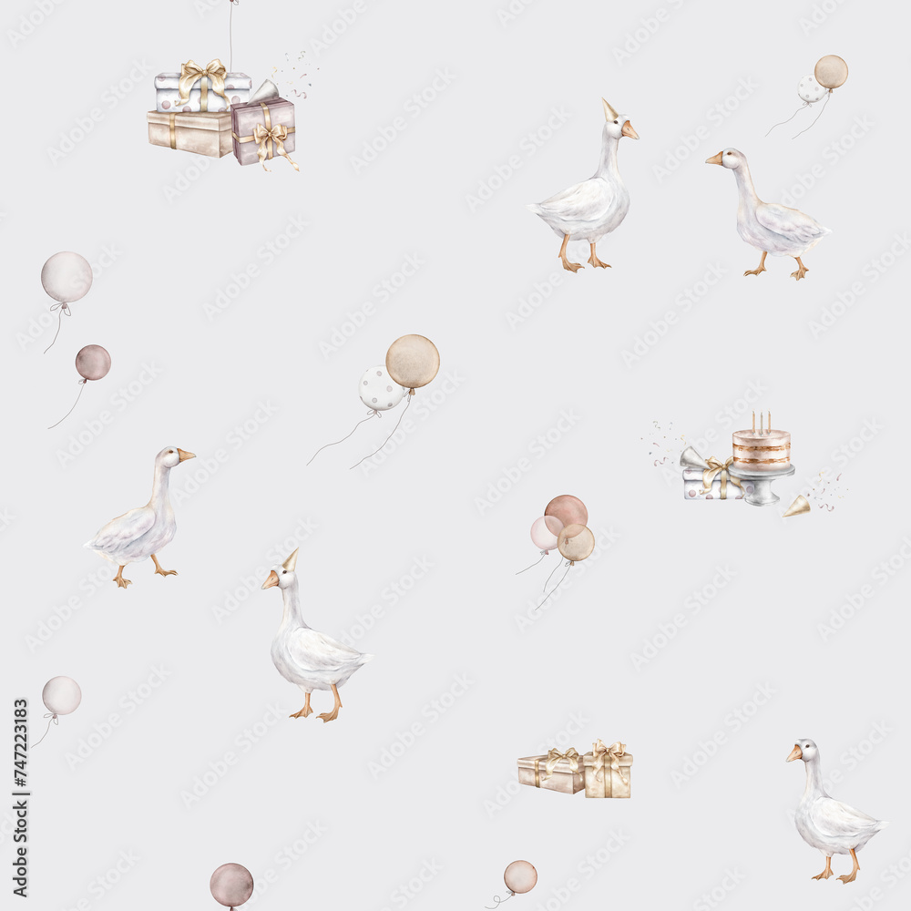 Obraz premium Pattern with Air Balloons and goose, gifs. Watercolor seamless background for Kids. Cute Print for childish textile design or wallpaper. Pastel Color Balloons. hand drawing illustration on isolated.