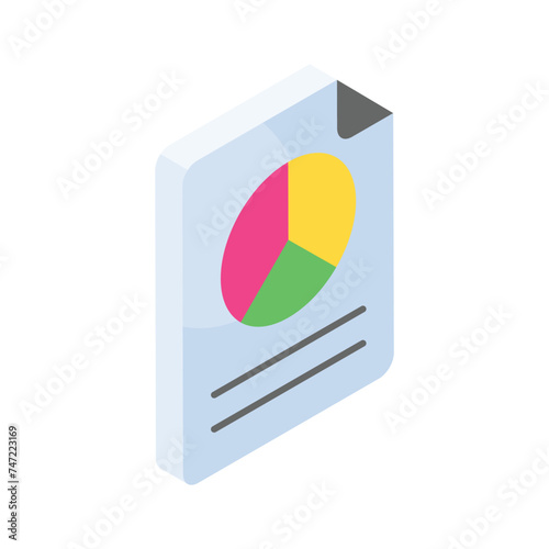 Pie chart on page denoting concept vector of business report in trendy isometric style