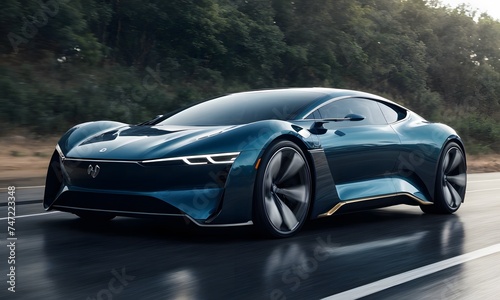 An aerodynamic electric sports car with a distinctive teal exterior makes its mark on a forest-lined road. Its sleek silhouette and performance capabilities redefine sports car standards.