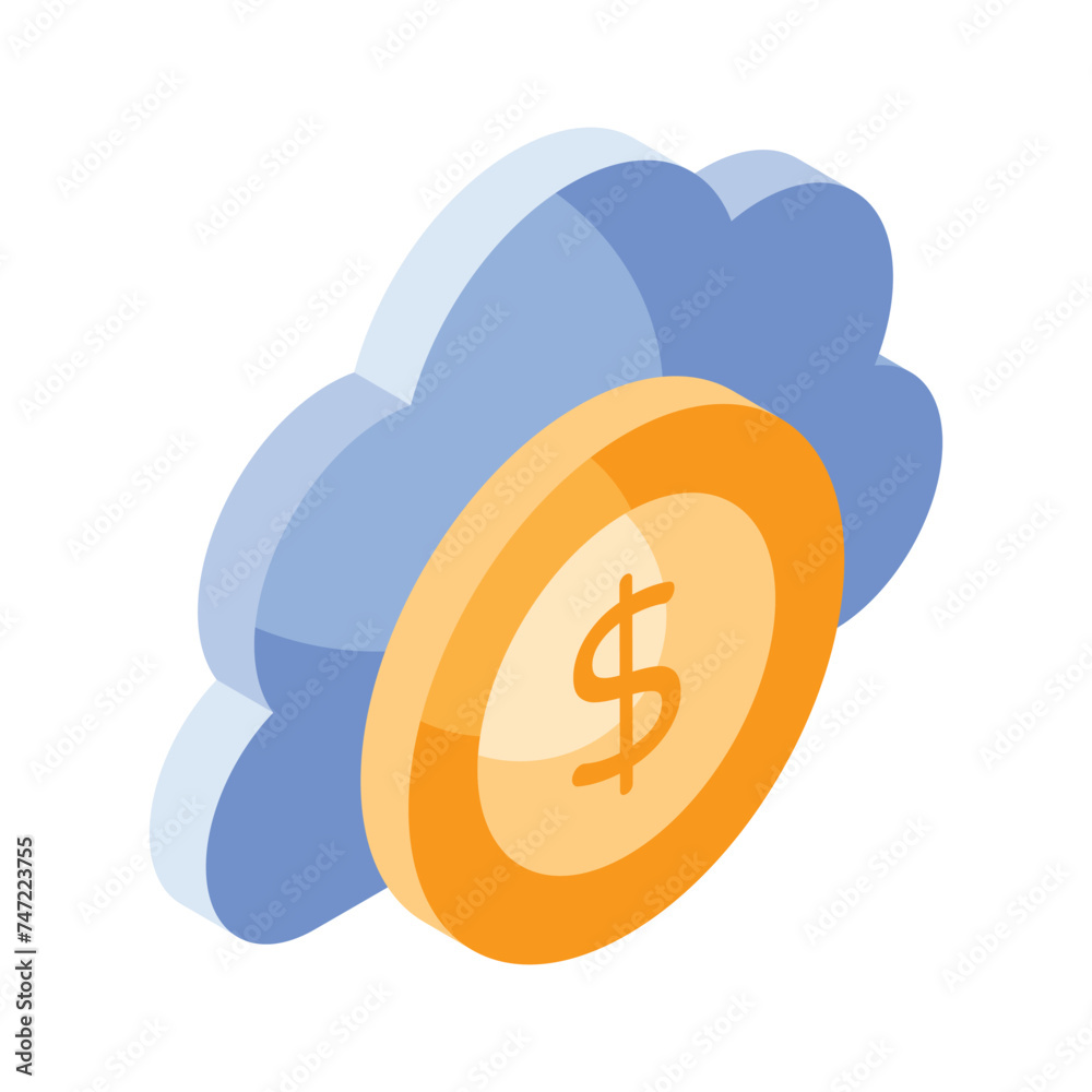 Cloud with dollar coin concept icon of cloud money in isometric style Cloud with dollar coin concept icon of cloud money in isometric style