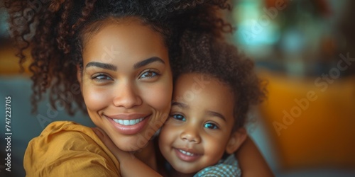Happy African American mom and daughter on Mother's Day, mother's Day celebration concept, mom and daughter hug, maternal love and care photo