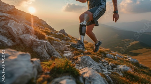Man with prosthetic leg trail running on top of mountain during morning time