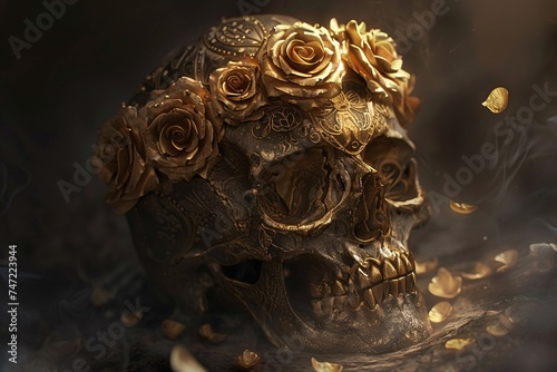 Golden Skull with Rose Petals A Timeless and Elegant Headpiece for the Modern Bride Generative AI