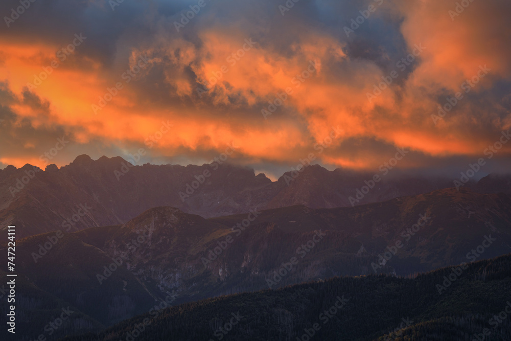 Landscape of the Tatra Mountains at sunrise from the top of Gubalowka peak in Zakopane. Poland.