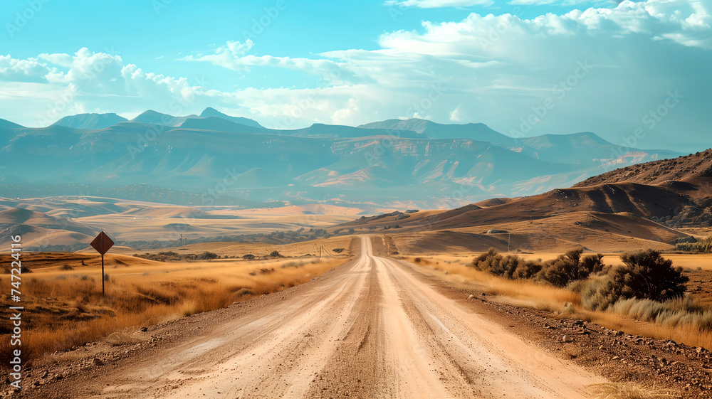 Dirt road leading through a dry landscape to mountains representing travel, adventure, journey, and exploration.
