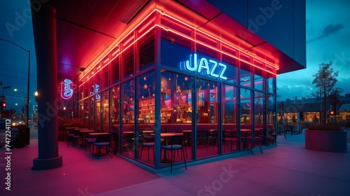 Modern Jazz Bar Exterior Illuminated by Neon Lights at Twilight