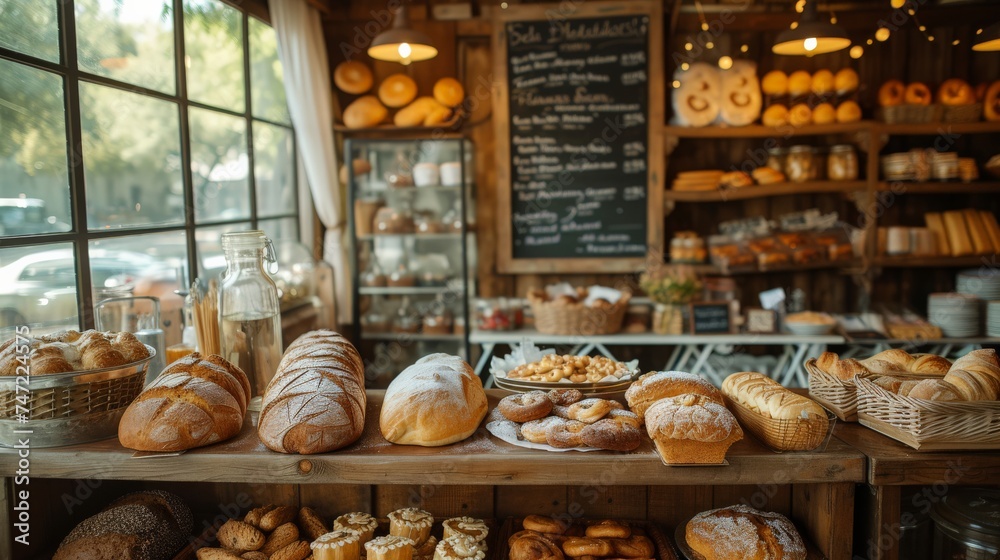 Artisan Bread and Pastries Display in Rustic Bakery Shop Artisan Bread and Pastries Display in Rustic Bakery Shop