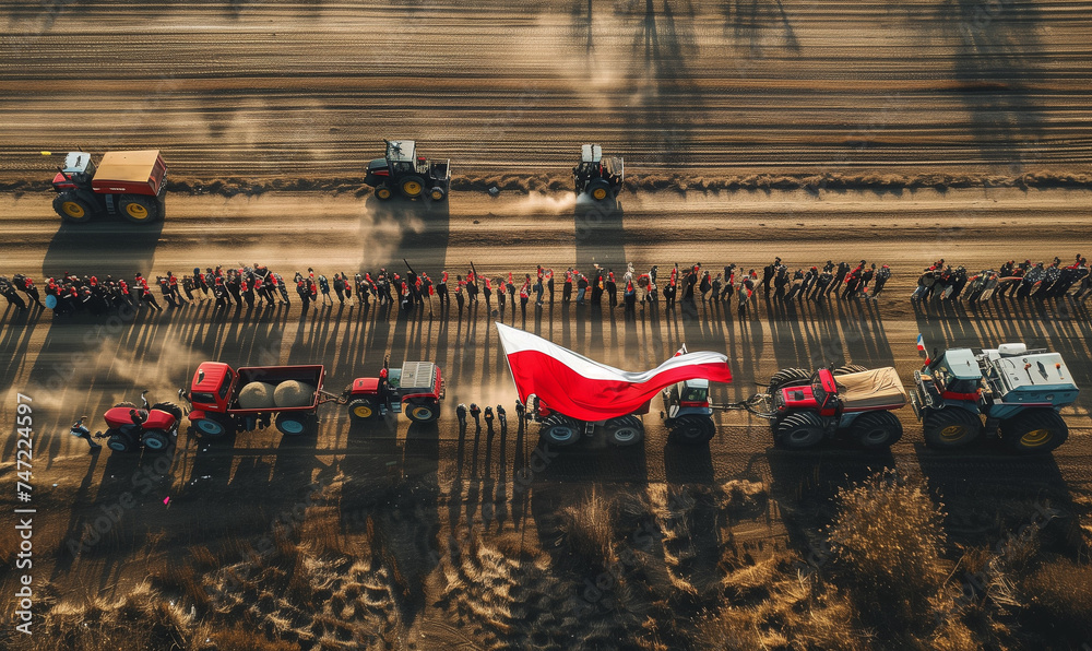 Protest rolników, traktory rolnicy ludzie transparenty flagi - obrazy, fototapety, plakaty 