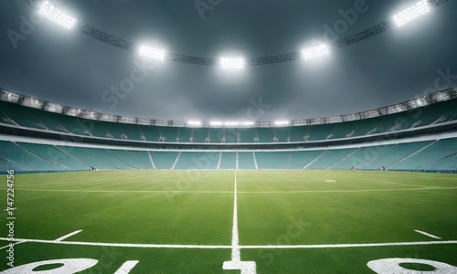 Empty football stadium with green grass field and stadium lights on under a cloudy sky