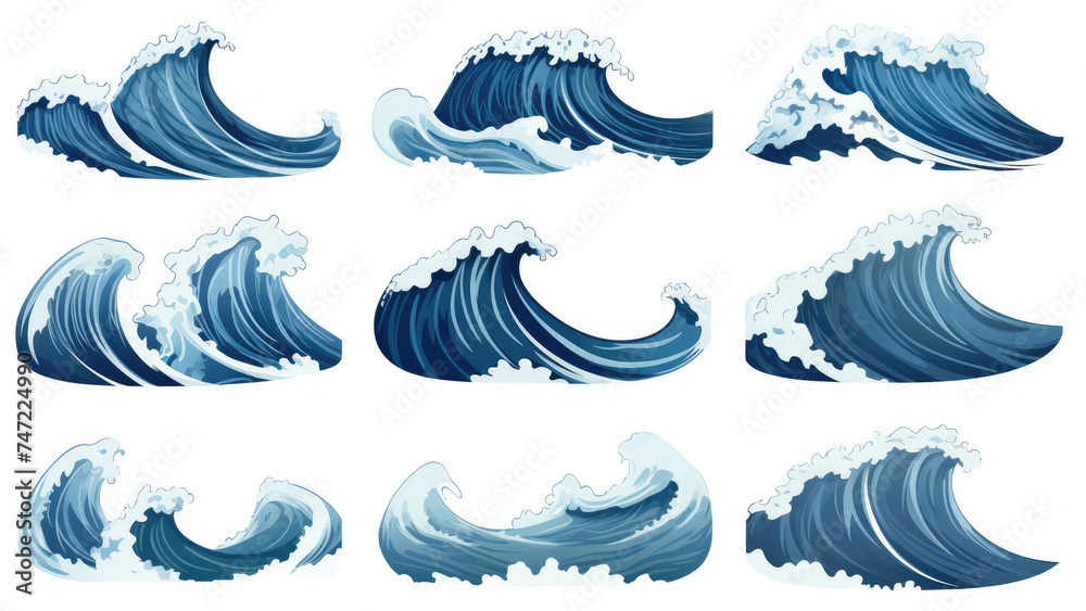 Japanese blue sea waves sketch set, isolated on white background. Ocean wave set hand drawn doodle illustration. Japanese blue sea waves sketch set, isolated on white background. Ocean wave set hand drawn doodle illustration.