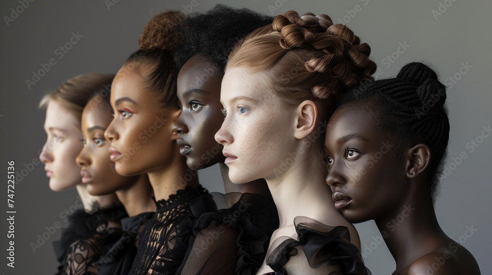 Naklejka premium portret studyjny grupy pięknych kobiet o różnym kolorze skóry i różnym typie urody, szare neutralne tło