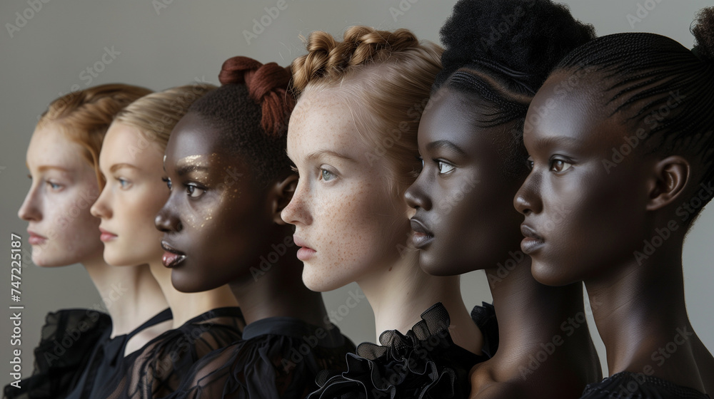 portret studyjny grupy pięknych kobiet o różnym kolorze skóry i różnym typie urody, szare neutralne tło - obrazy, fototapety, plakaty 