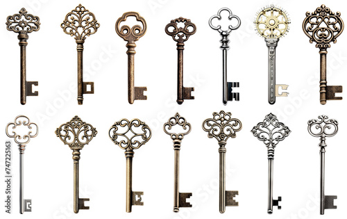 Medieval vintage key isolate on transparent background, antique keys.
