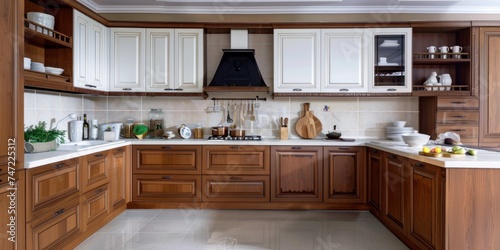 modern kitchen interior with wood decoration, kitchen cabinets