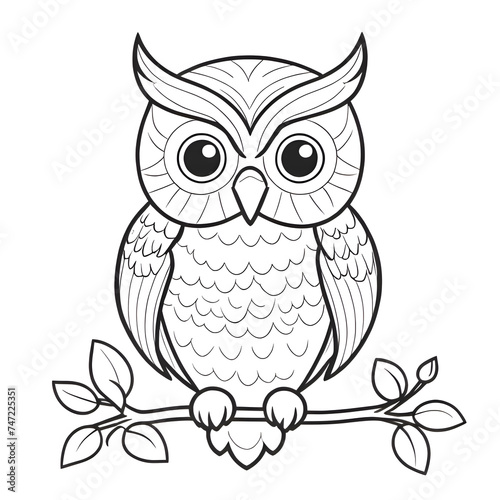 Cute kind owl sitting on the tree in the forest. Black and white vector illustration for coloring book. 