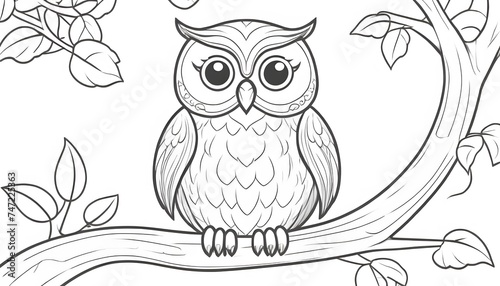 Cute kind owl sitting on the tree in the forest. Black and white vector illustration for coloring book. 