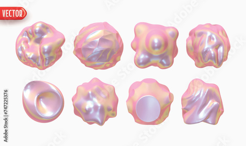 Set of Metaball shapes of objects realistic 3d design iron metal ink hologram gradient. Collection Meteorites asteroids comet Round ball spherical elements. Vector illustration
