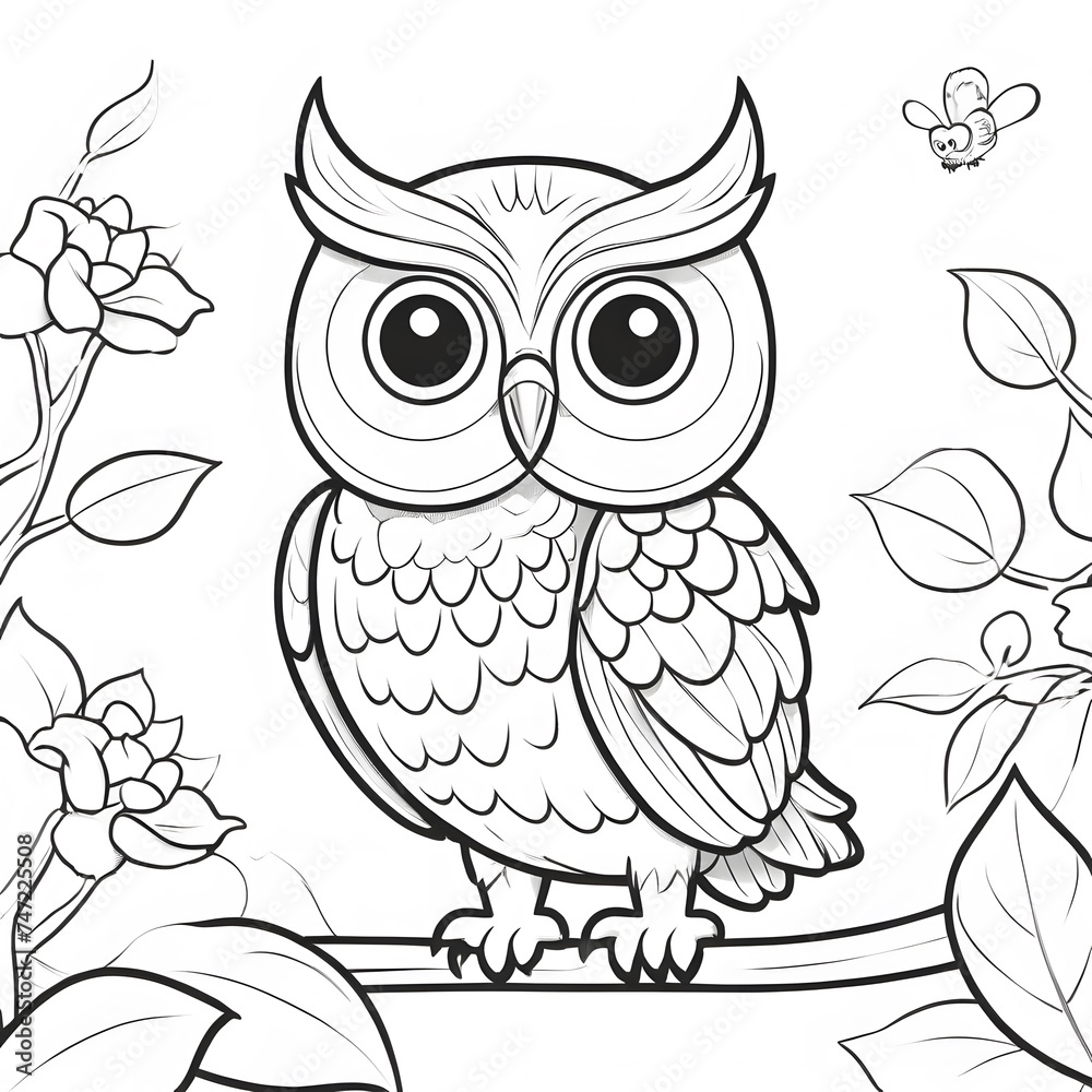Fototapeta premium Cute kind owl sitting on the tree in the forest. Black and white vector illustration for coloring book. 