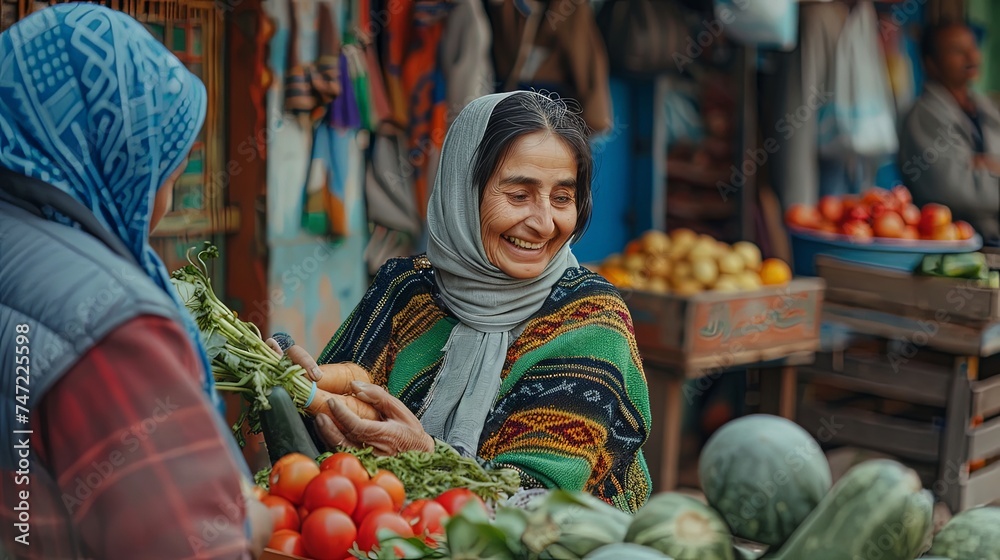 Portrait of two elederly woman at local food market buying and selling