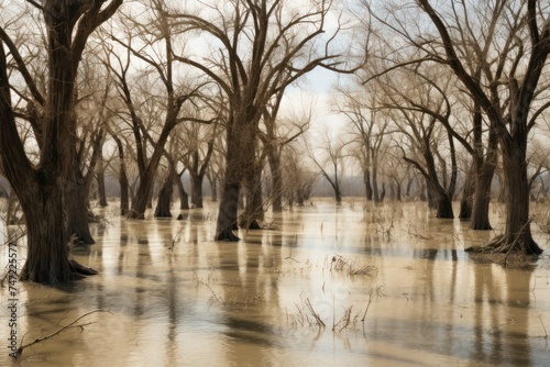 Flood with dry trees, flood concept