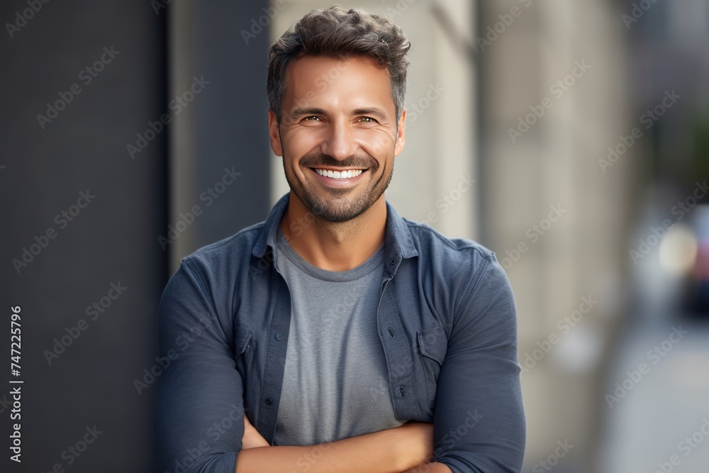 Naklejka premium Handsome smiling young man with . Smiling,crossed hands 