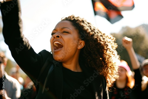Woman Raising Hands in Protest. Generative AI