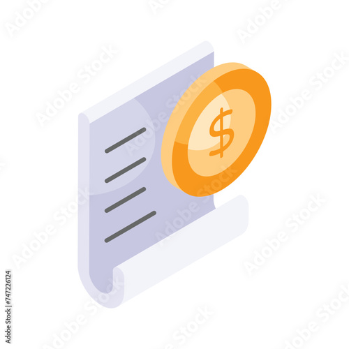 Dollar coin with page denoting concept icon of receipt, bill isometric vector design